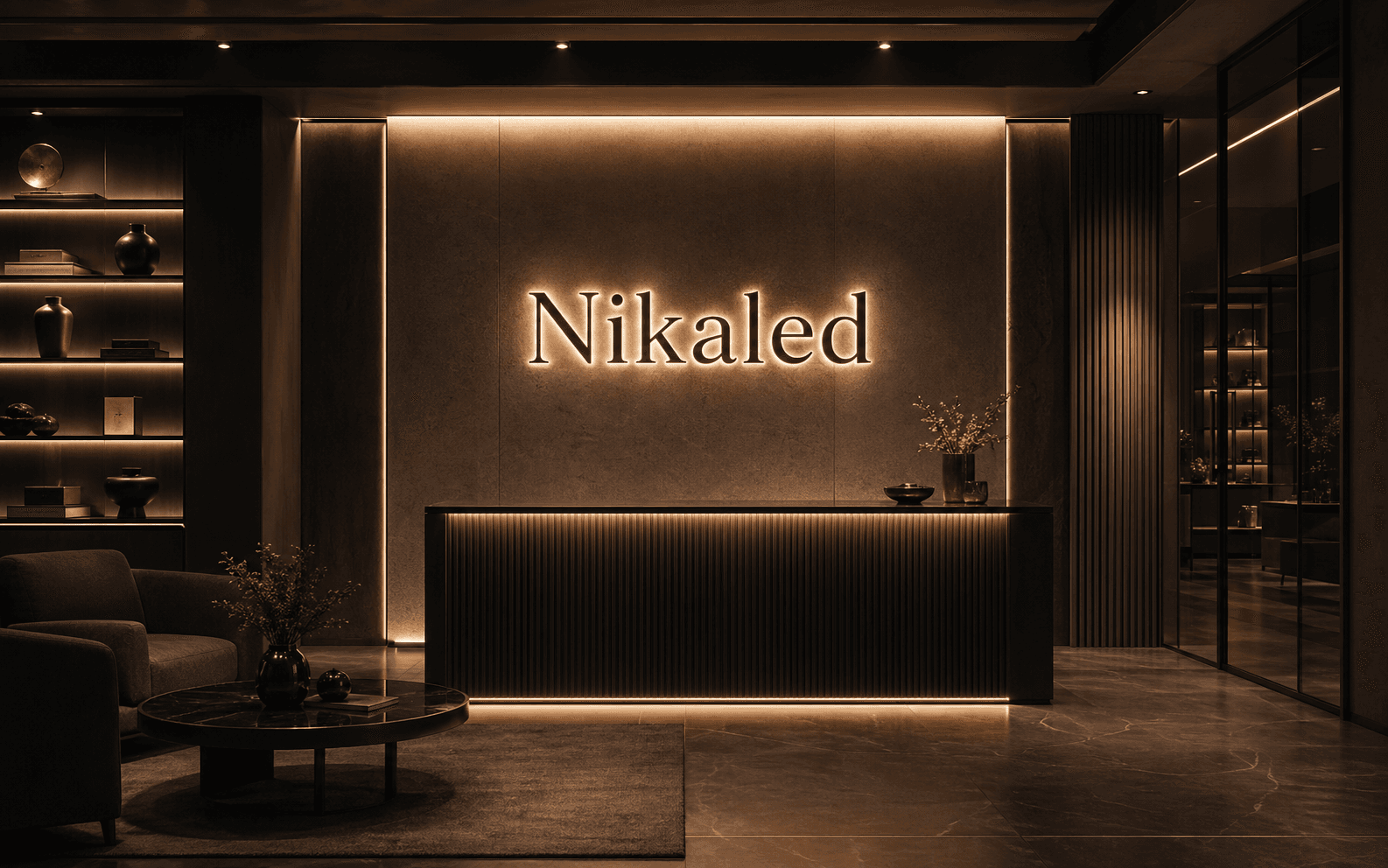 Интерьер с фирменной световой вывеской Nikaled